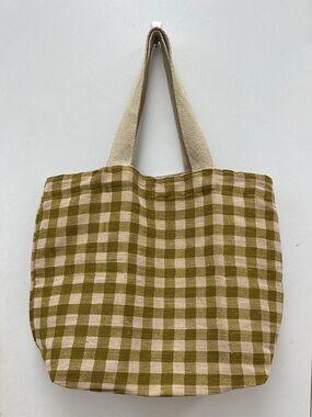 Gingham Cotton Jute Tote Bag in Green and Cream Cottagecore Cabincore Market Bag